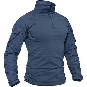 CRYSULLY Men's Tactical Combat Shirt Long Sleeve Zip Neck Blue Size 2XL